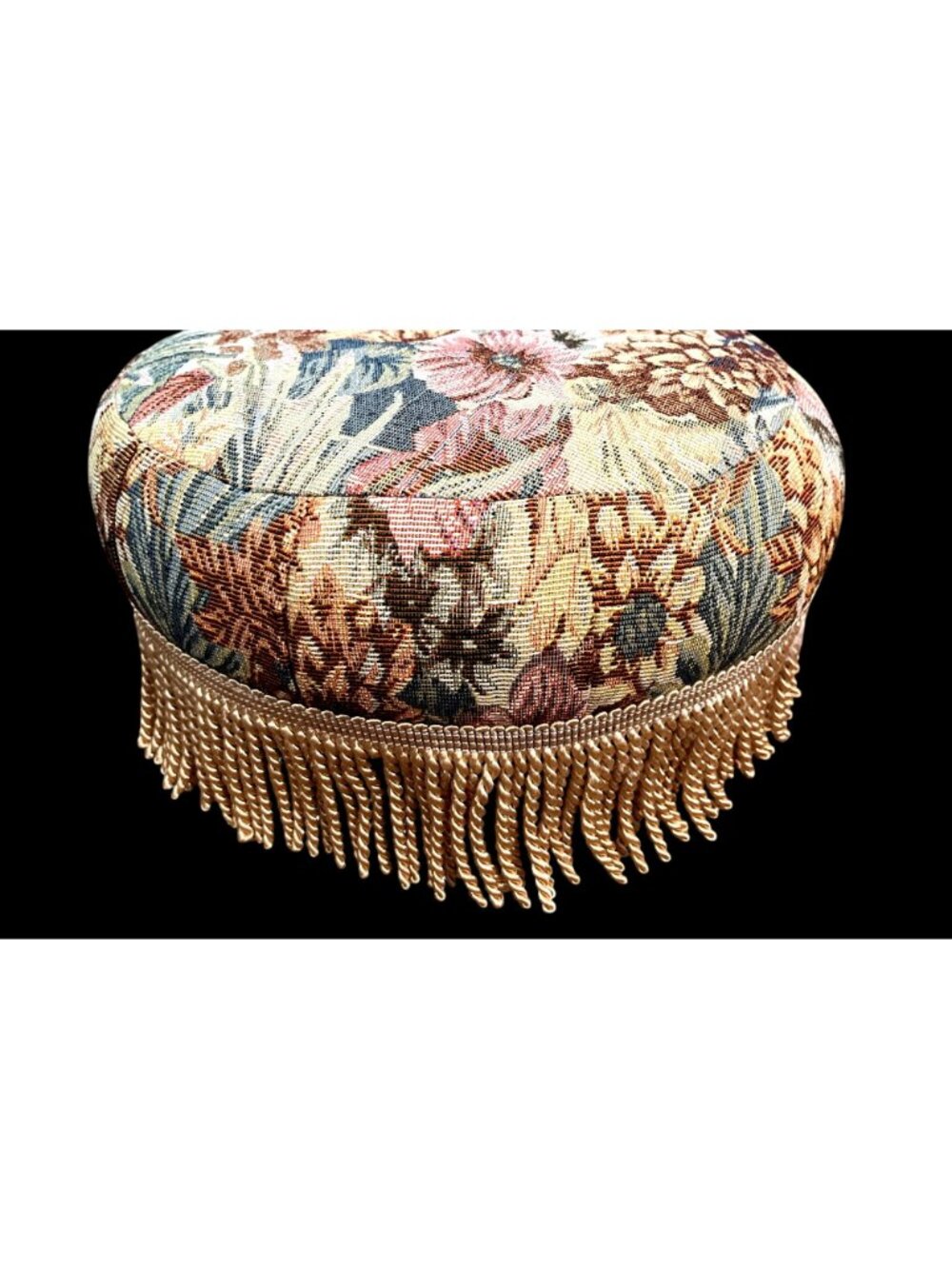 Vintage Floral Tapestry Footstool With Fringe Trim And Wooden Legs - Picture 2 of 5